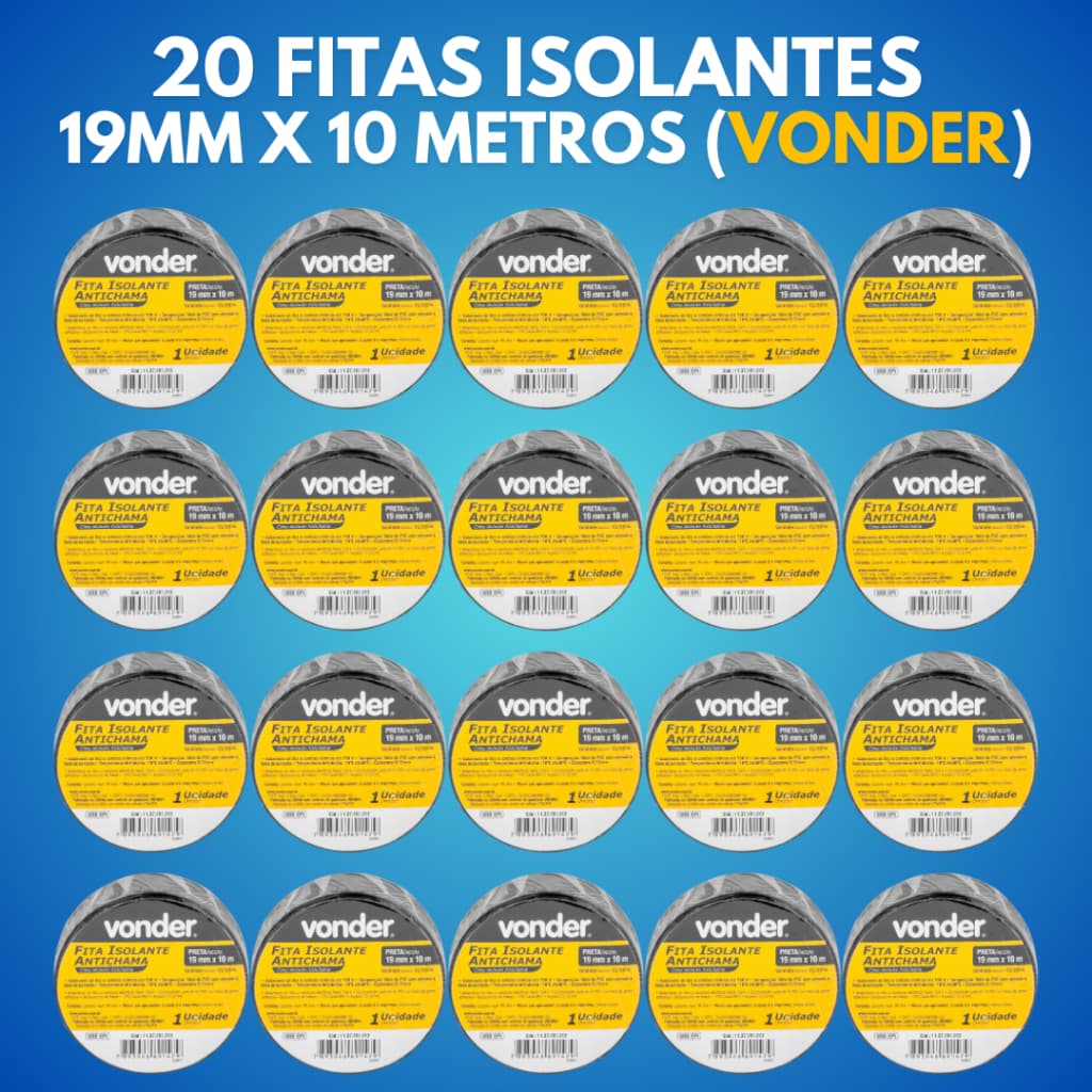 20 Fitas Isolante Anti Chama Vonder Preta - 10 Metros cada Fita Vonder Original + Nota Fiscal