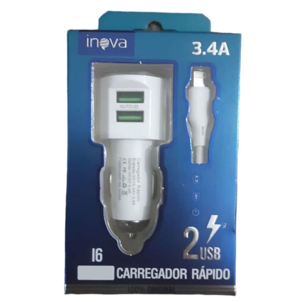 Carregador para Automóvel 3.4A + Cabo IOS Lightning Carregador USB Carregador de Carro