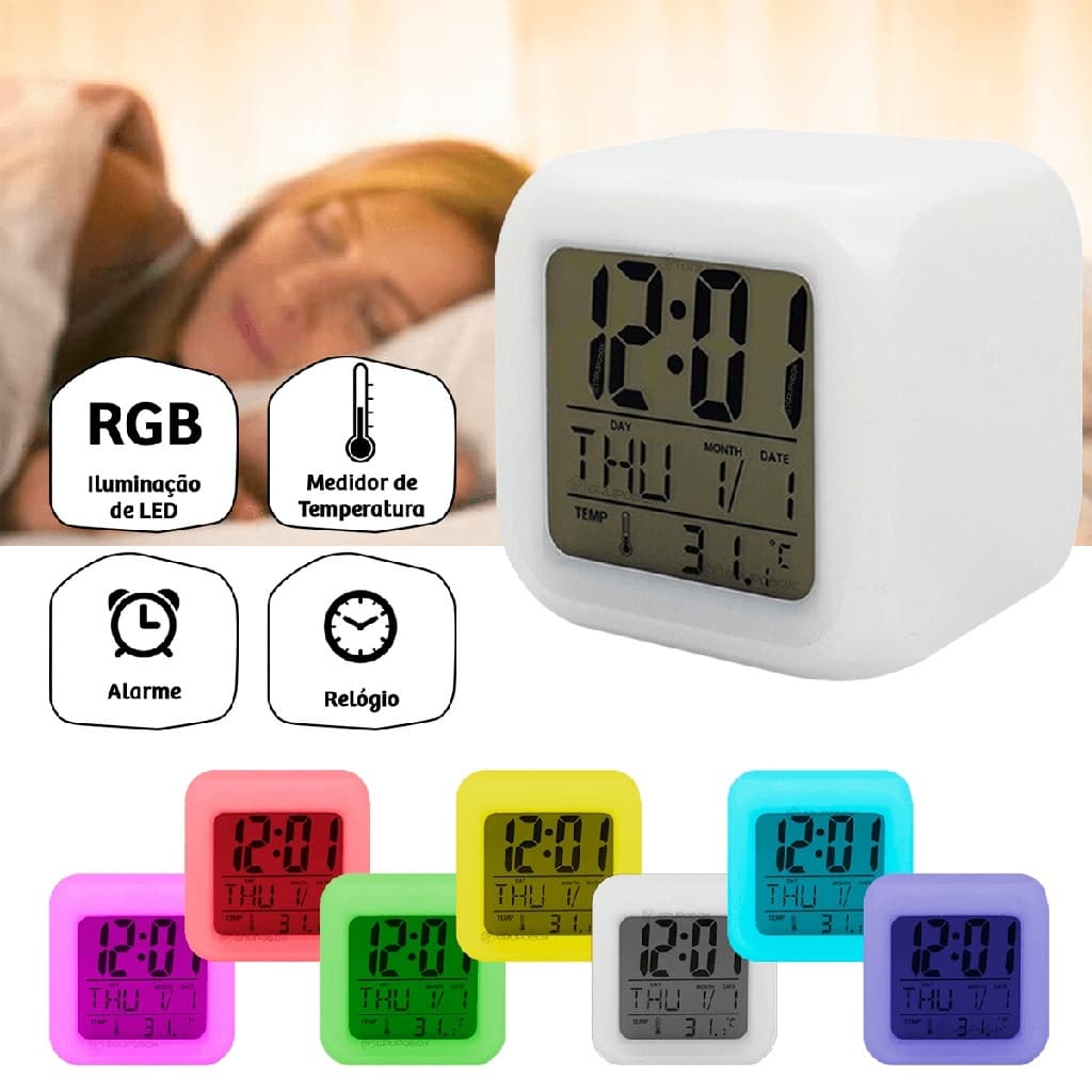 Relógio Digital RGB Alarme Despertador Medidor De Tenperatura Para iluminar e decora ZB-1008