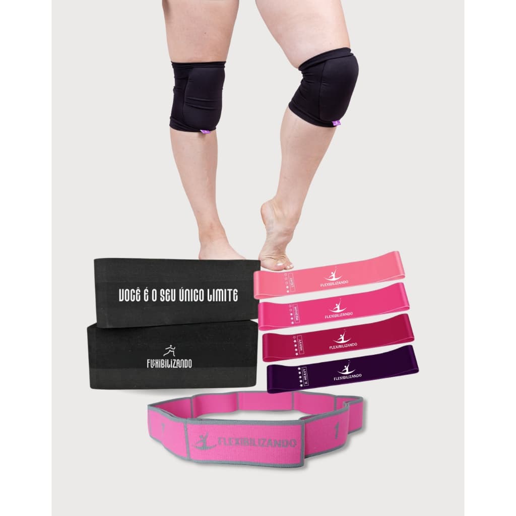 Kit de flexibilidade Iniciante com  um par de  bloquinhos,  1 joelheira, elástico multinivel e um kit de  mini bands- Flexibilizando