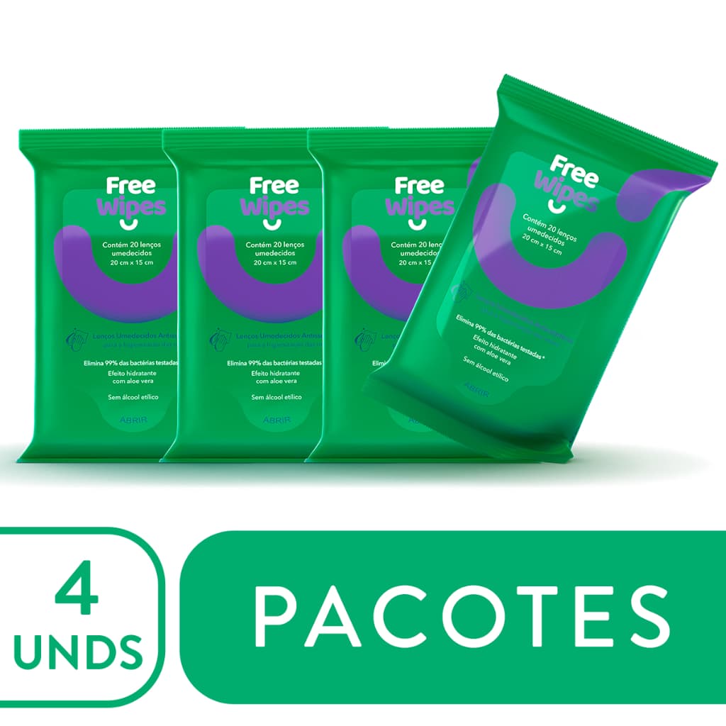 Kit 4 Lenços Umedecidos Antissépticos Free Wipes – Proteção Total