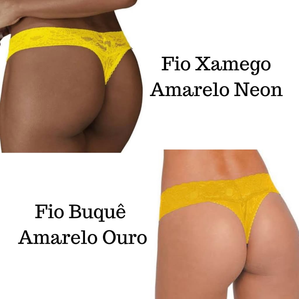 Calcinha Fio Dental Rendado Amarelo, Xamego 016198, Buquê 051190, DeMillus