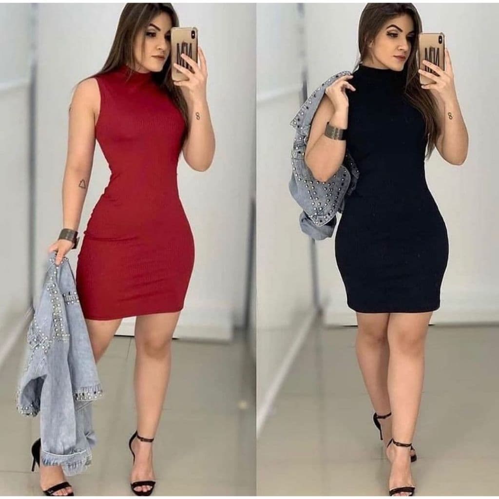 Vestido Feminino Canelado Curto Midi Gola alta Malha Canelada
