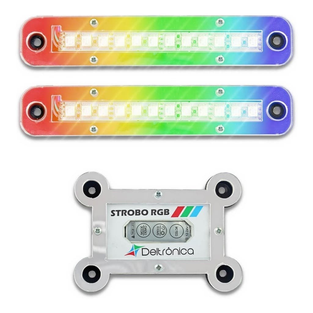 Kit Super Strobo LED Deltrônica RGB 2 Faróis 12V P/ Som Automotivo Carro Festa Tuning Efeito Flash