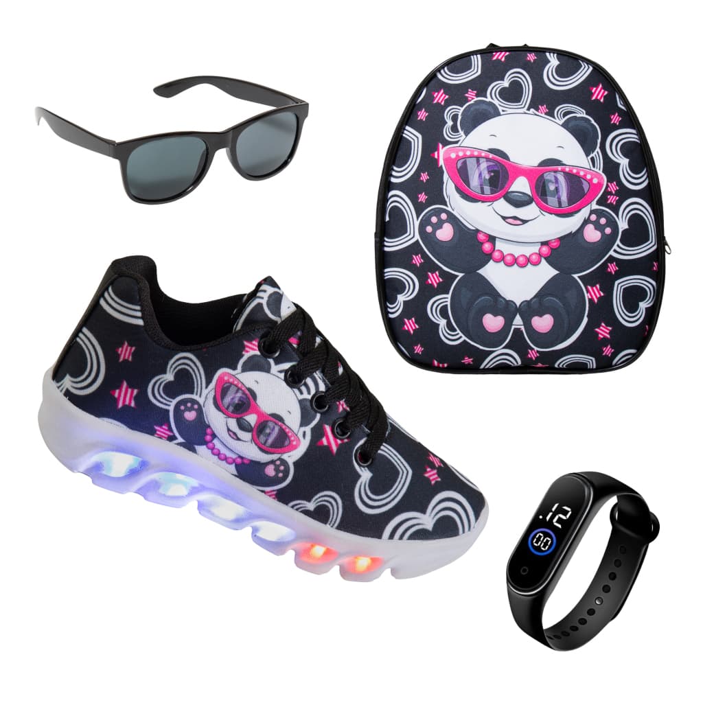 KIT TENIS INFANTIL FEMININO PANDINHA COM LED OCULOS RELOGIO E MOCHILA