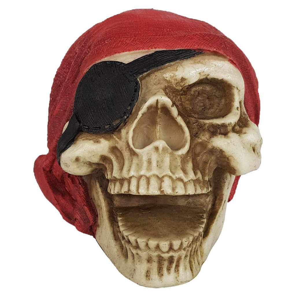 Estatueta Caveira Cranio Pirata Marujo Bandana Lenço e Tapa olho Decorativo em Resina