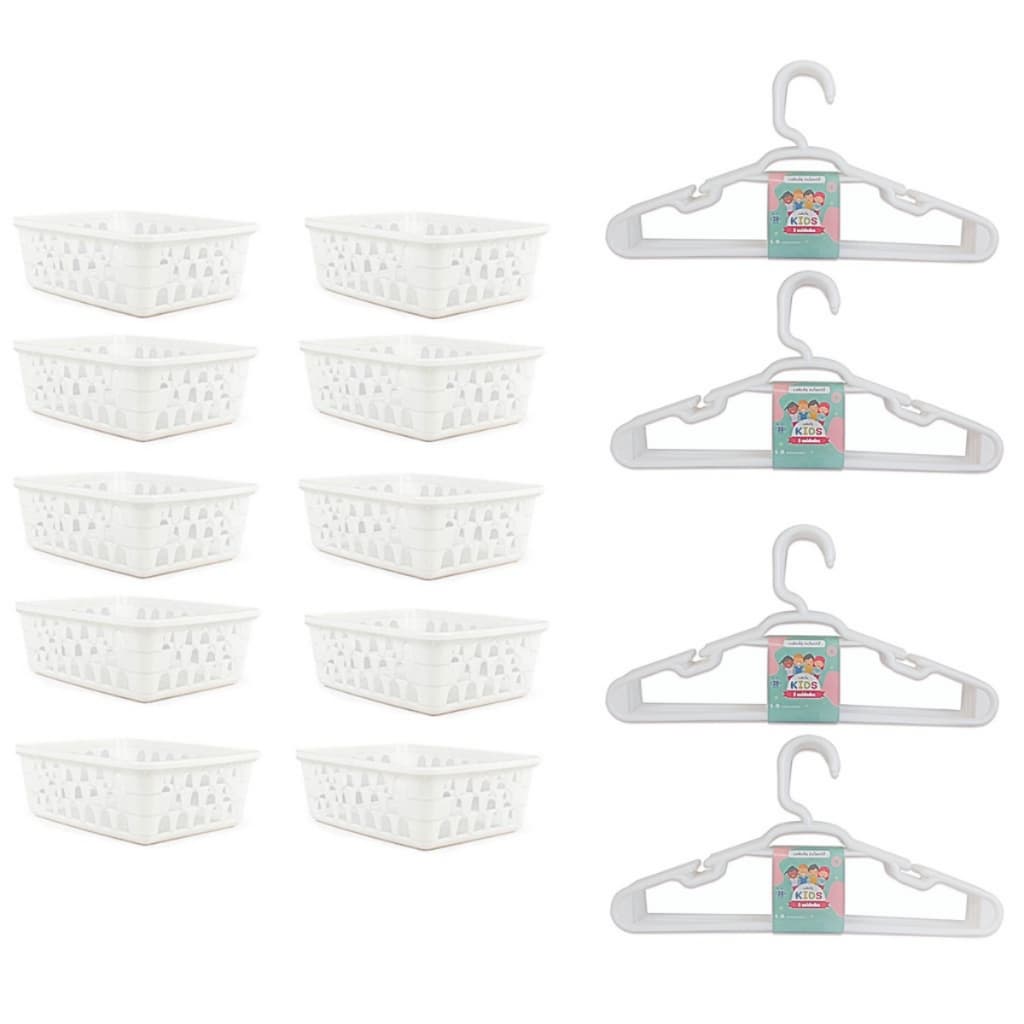 Cesto Organizador Cestinha Kit 10 Cestos Infantil Organizador Branco + 20 Cabides Plástico