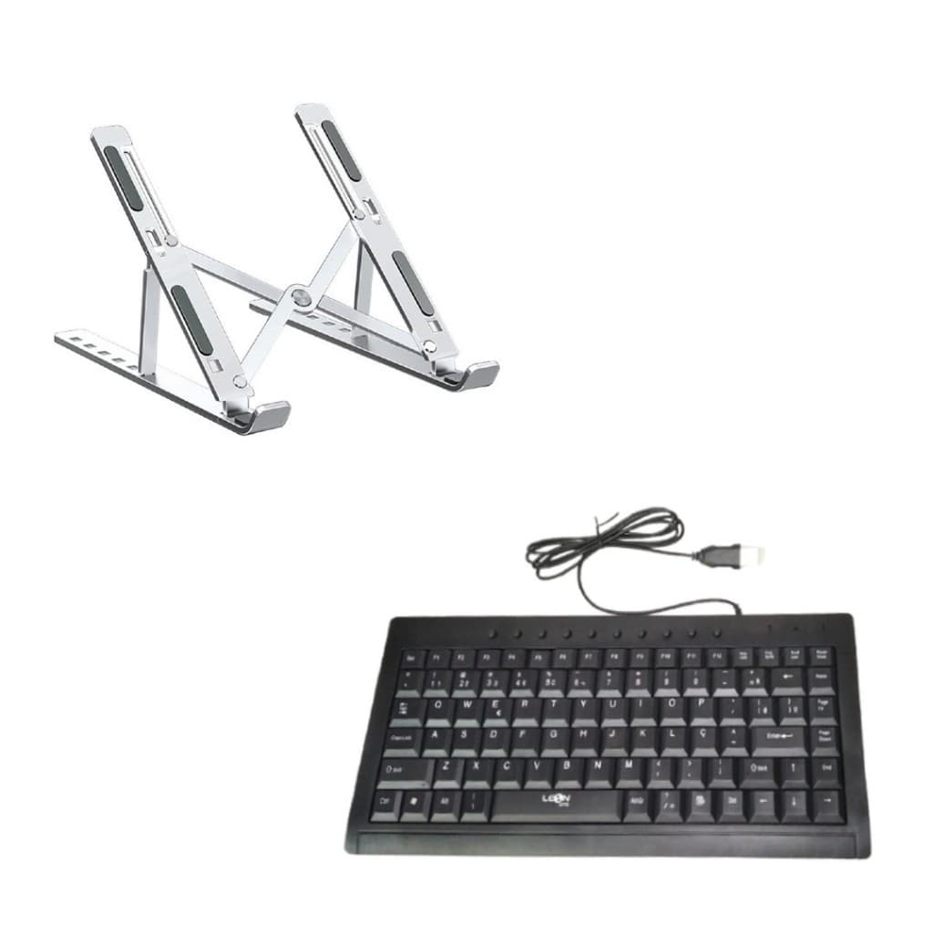 Kit Mini Teclado Compacto Multimídia USB + Suporte Para Notebook De Alumínio 7 Estágios