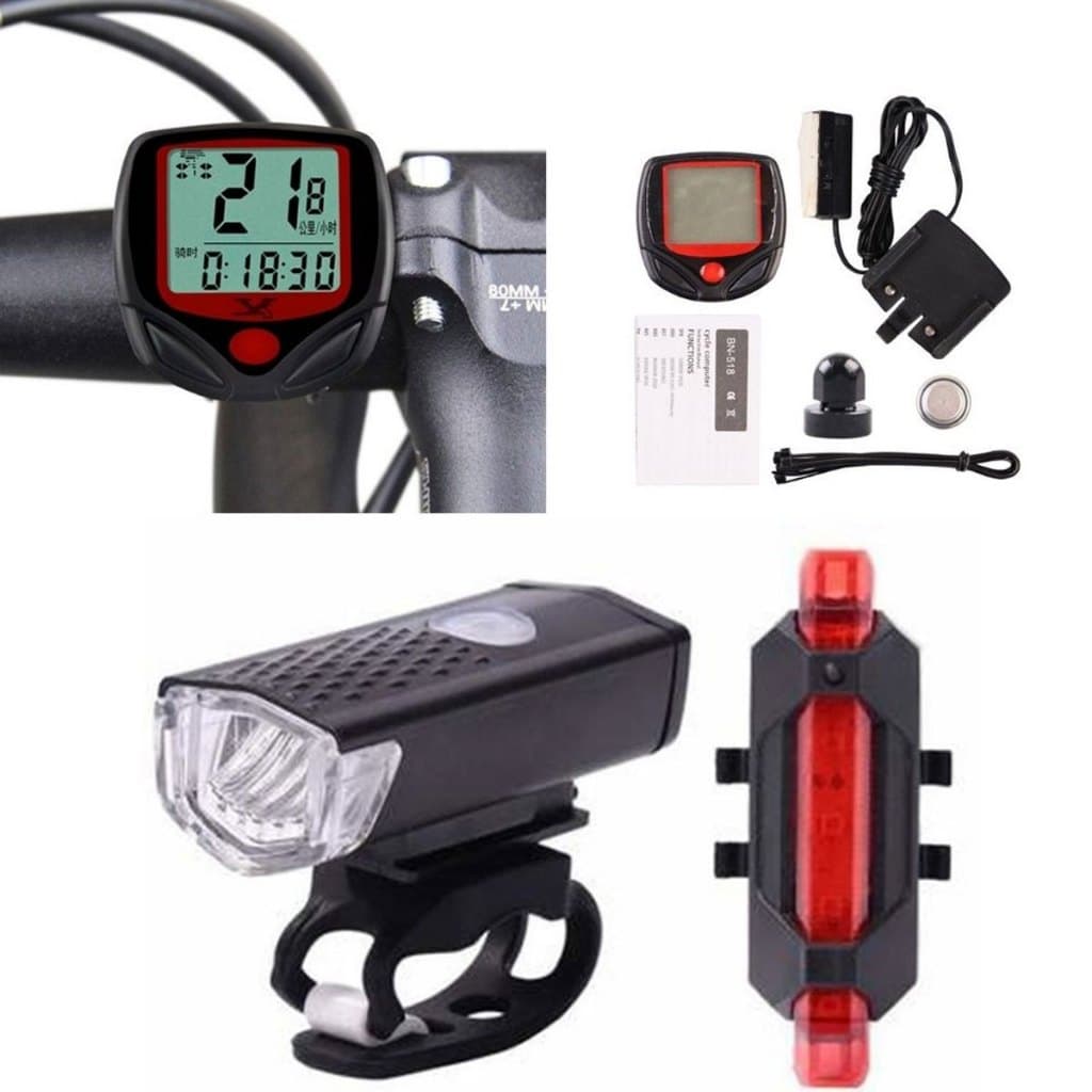 Kit Farol Lanterna frontal USB + Velocímetro Bike Com fio + Sinalizador Bike Vermelho