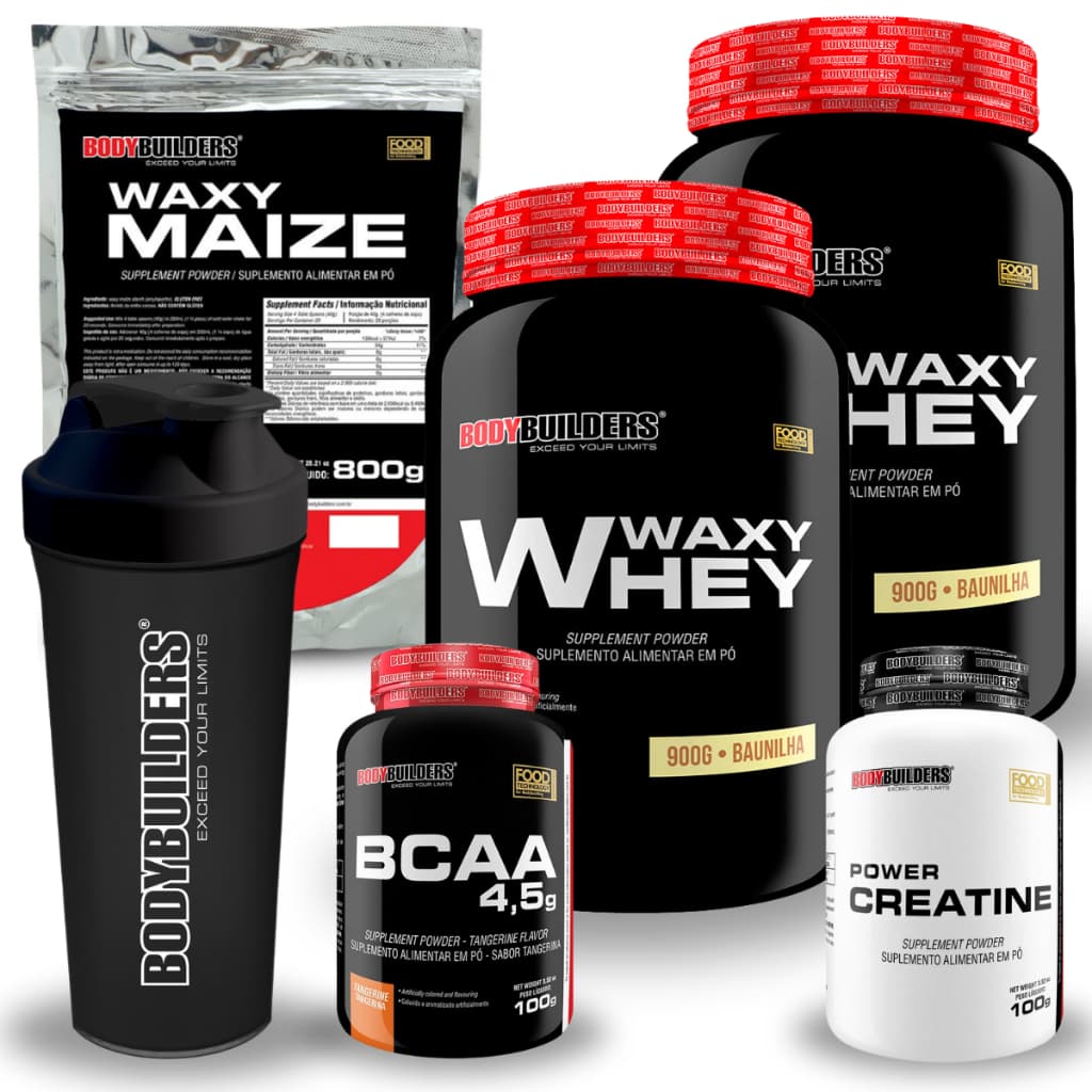 Kit 2x Waxy Whey 900g + BCAA 100g + Power Creatine 100g + Maize 800g + Coqueteleira - Bodybuilders