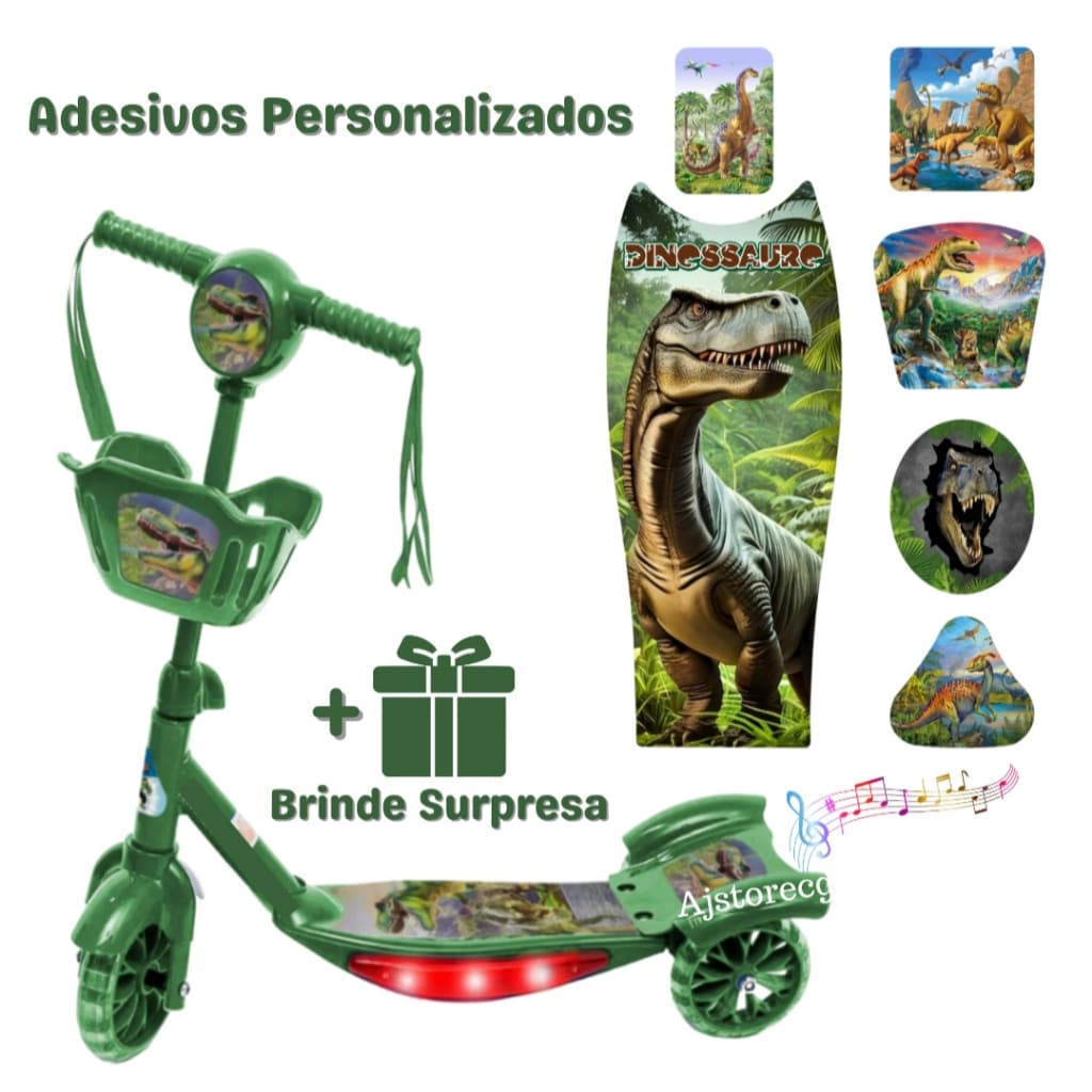 Patinete Personalizado Jurrasic Park com Música e Luz Ajustável 3 Rodas Pronta Entrega no Brasil + Surpresa