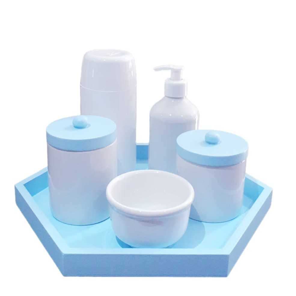Kit Higiene Bebê porcelana menino maternidade bandeja tampa azul potes garrafinha térmica saboneteira liquida