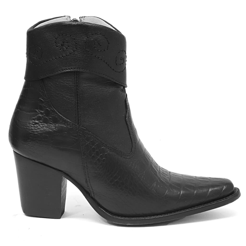 Bota Feminina Country Cano Curto Couro Croco Salto Grosso Bico Fino, Botinha Texana Feminina Couro Croco