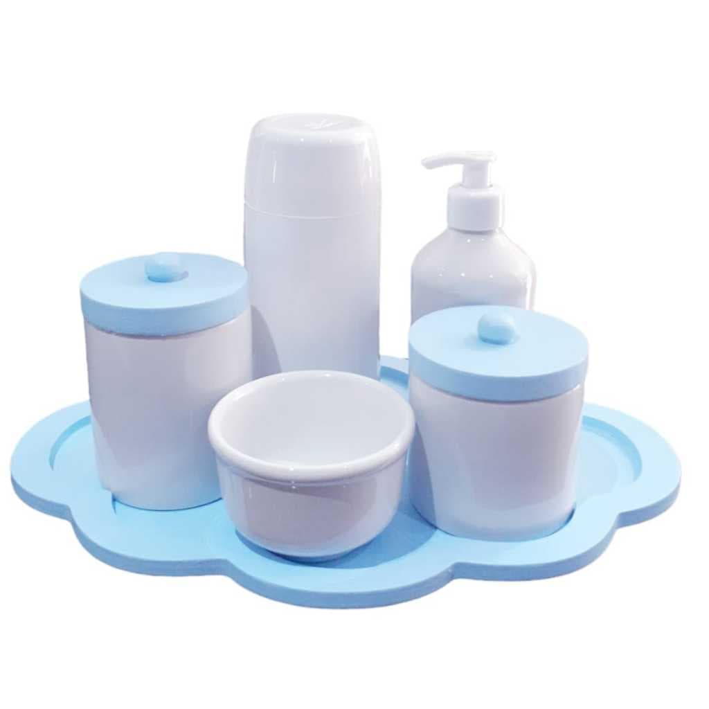 Kit Higiene Bebê porcelana completo menino tampa bandeja azul potes garrafinha saboneteira liquida