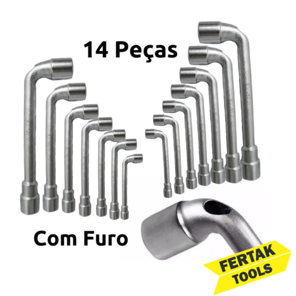 Kit Chave Biela Vazada 14 Peças Jogo De Chaves Tipo L Com Furo Passante - Uso Profissional - Fertak