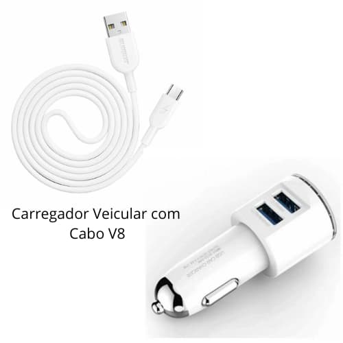 Carregador de Carro Turbo 3.4A com Cabo USB V8- Carga Rápida Veicular com 2 Portas USB