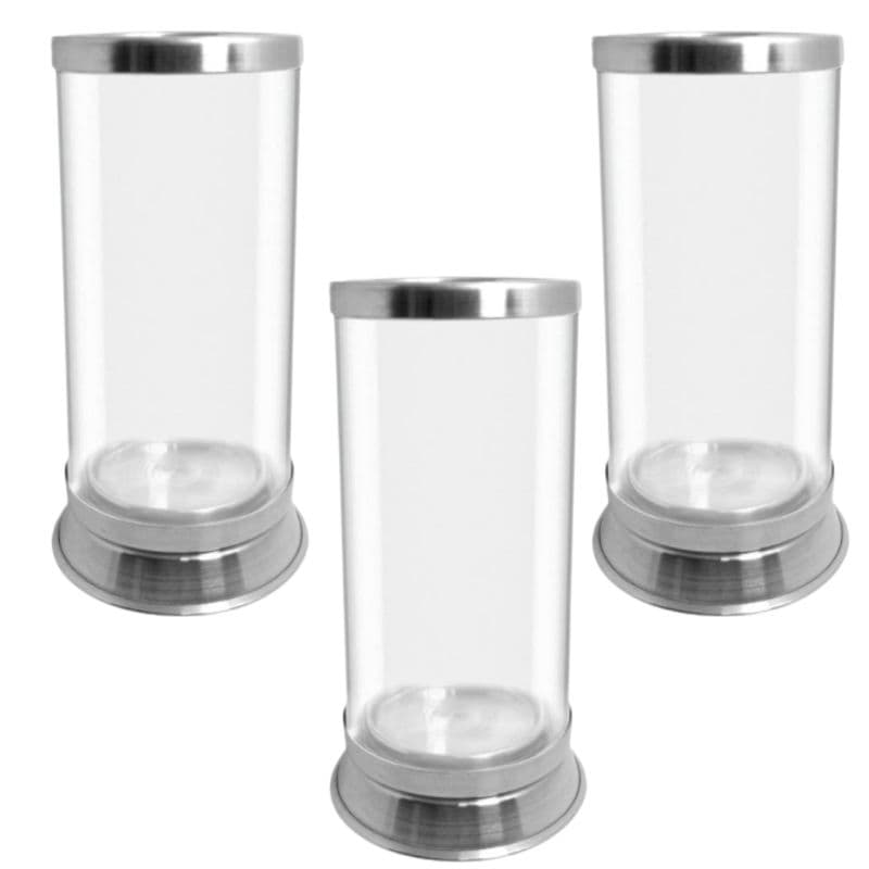 kit Com 3 Porta Velas Copo de Vidro 7 Dias 9 dias e Palito com base e bordas em alumínio polido