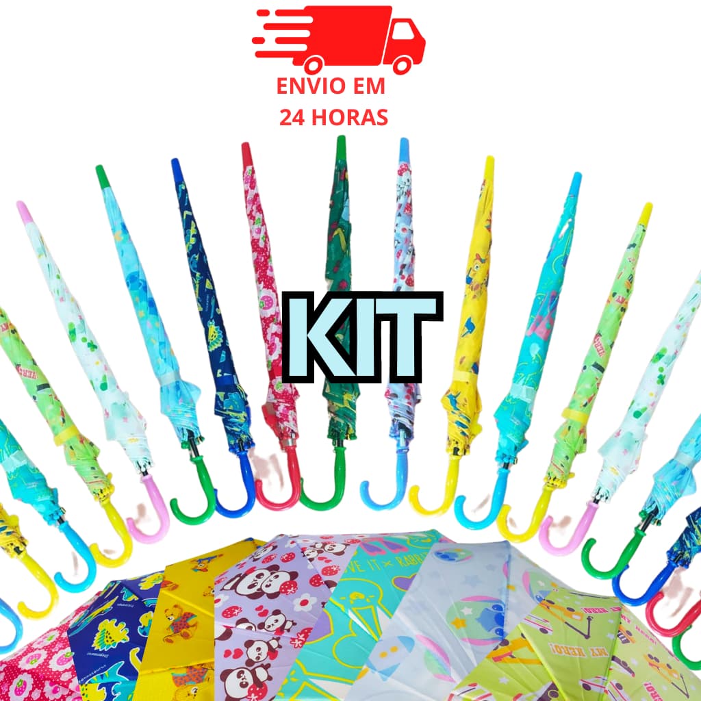KIT 6 Guarda Chuva Infantil Sombrinha para menino e menina automatico com apito estampado