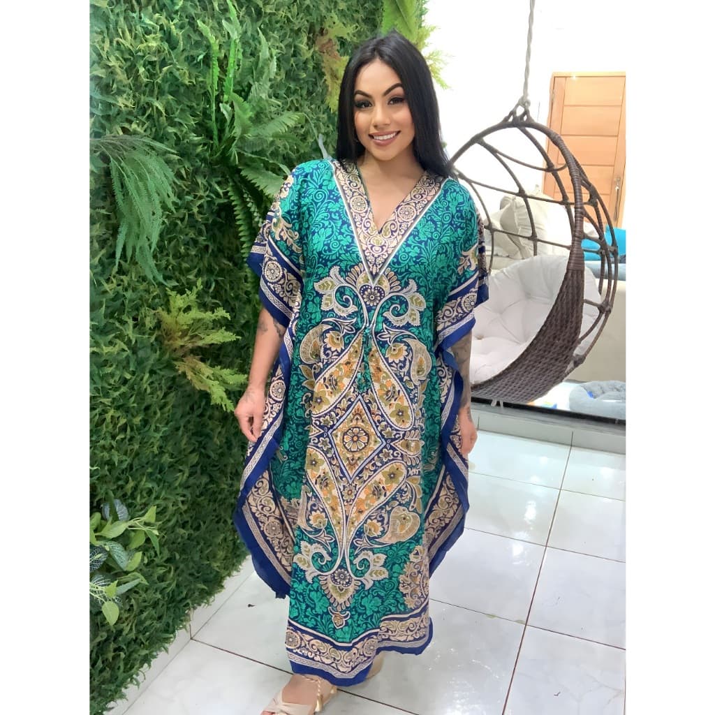 Vestido Longo Kaftan Indiano Estampada De Seda Plus Size 470