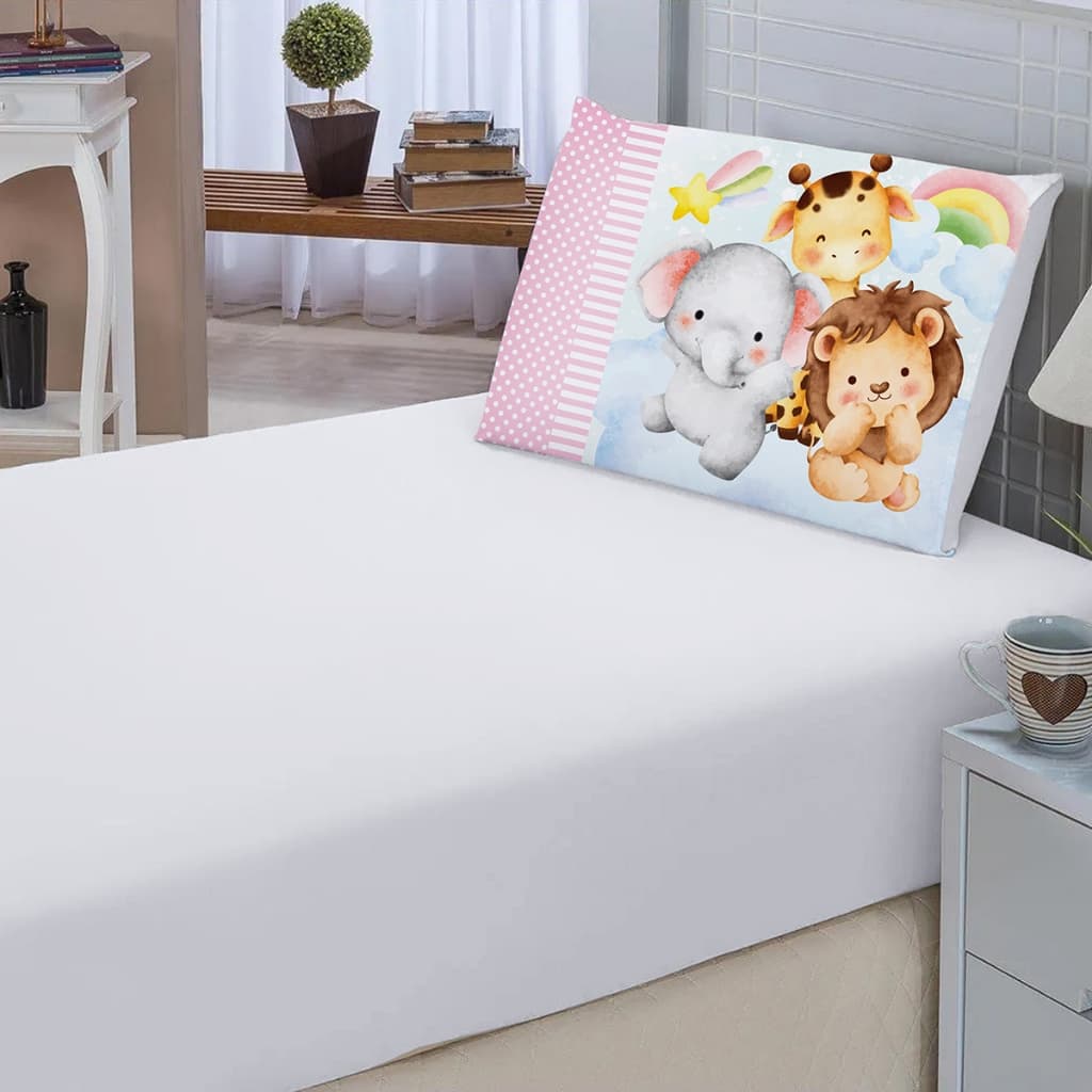 Jogo de Lençol Liso 2 peças Decoração Safari Infantil (1 lençol elásticado + 1 fronha estampada)