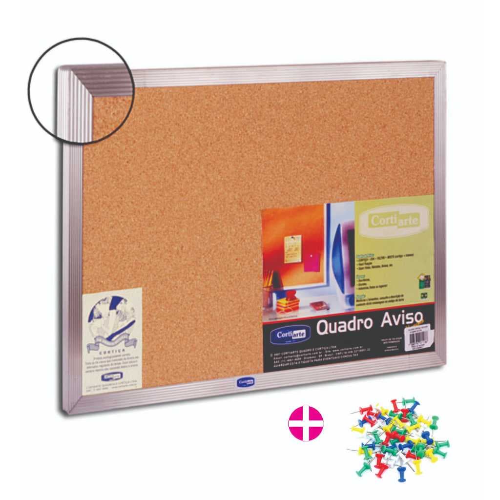 Quadro de Cortiça 60x45cm Mural, Aviso, Lembrete e Decoração Moldura Alumínio + 30 Alfinetes