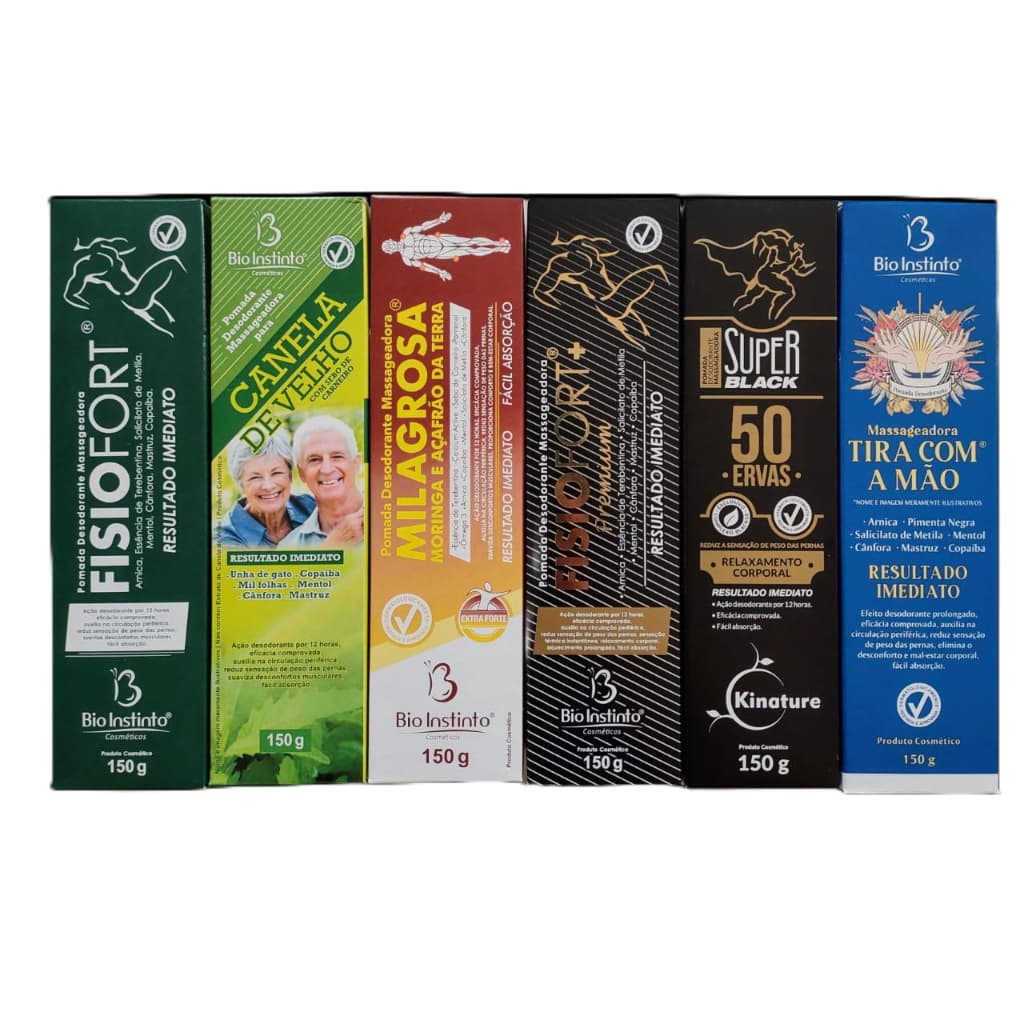 Kit 6 Pomadas Massageadoras 150g Bio Instinto Fisiofort Canela de Velho Premium Super Black 50 Ervas