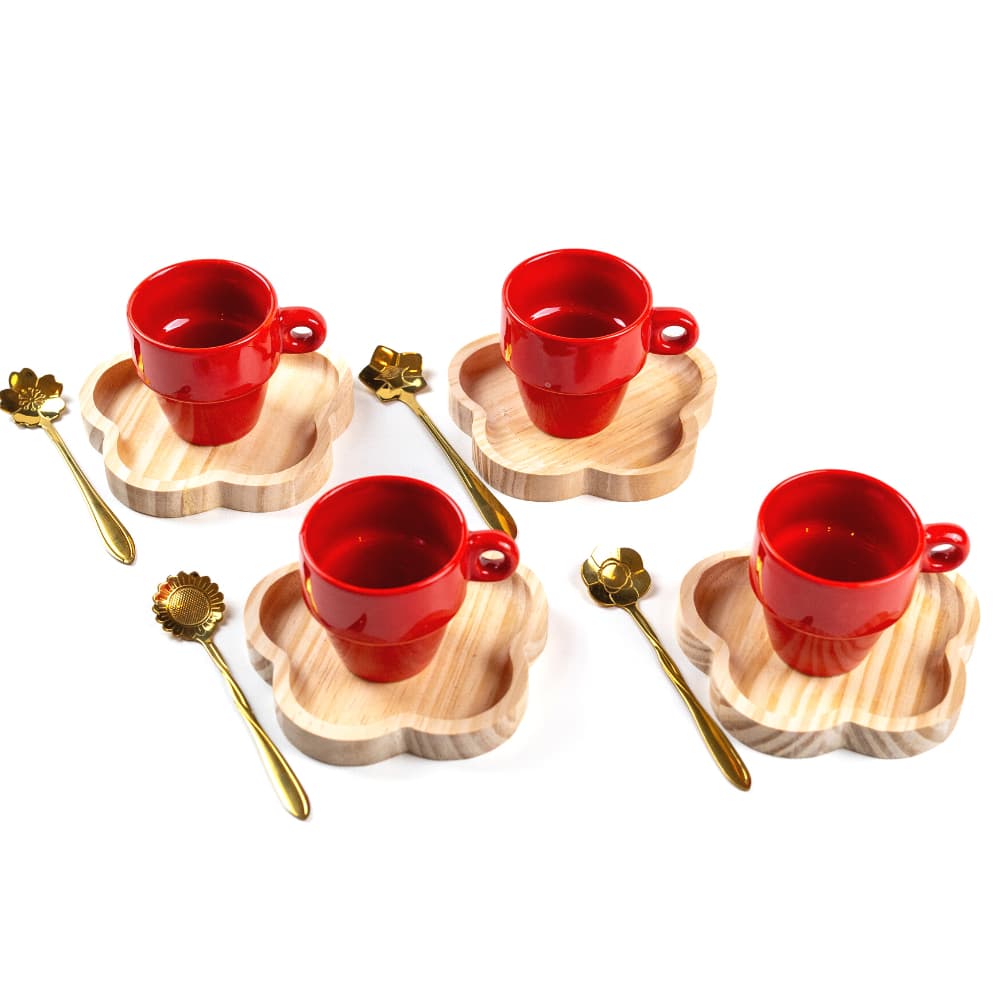 Kit Xícaras Café Pires Madeira Flor e colheres xicara 90ml Colher Dourada 4 xicaras 4 pires e 4 colheres douradas