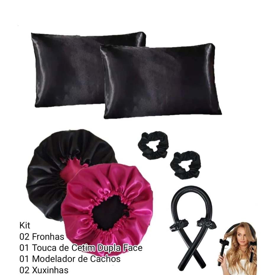 Combo Cetim Preto 02 Fronhas Casal + 01 Touca de Cetim Vermelho Dupla face + 01 Modelador de Cachos + 2 Xuxinhas -n1