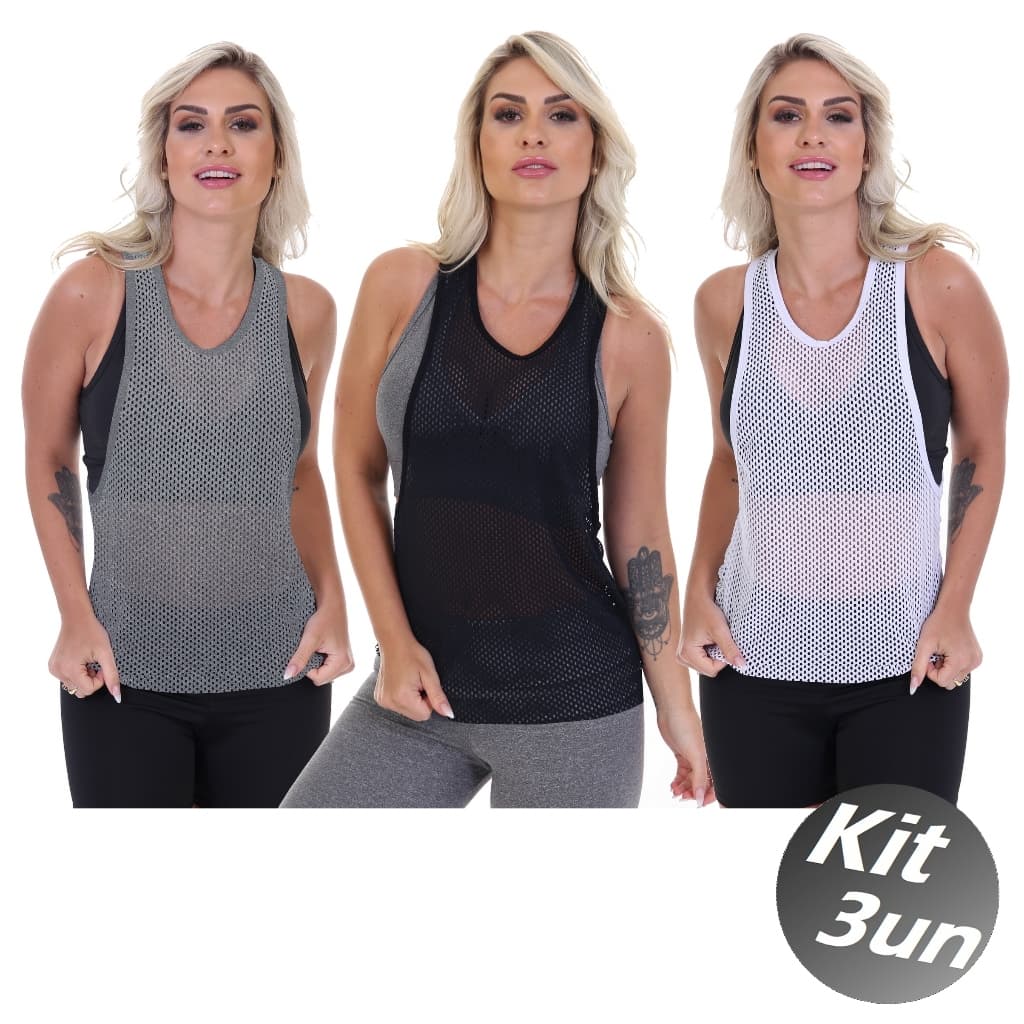 Kit 3 Camiseta Blusa Regata feminina Fitness Cavada Tela Blusa Academia