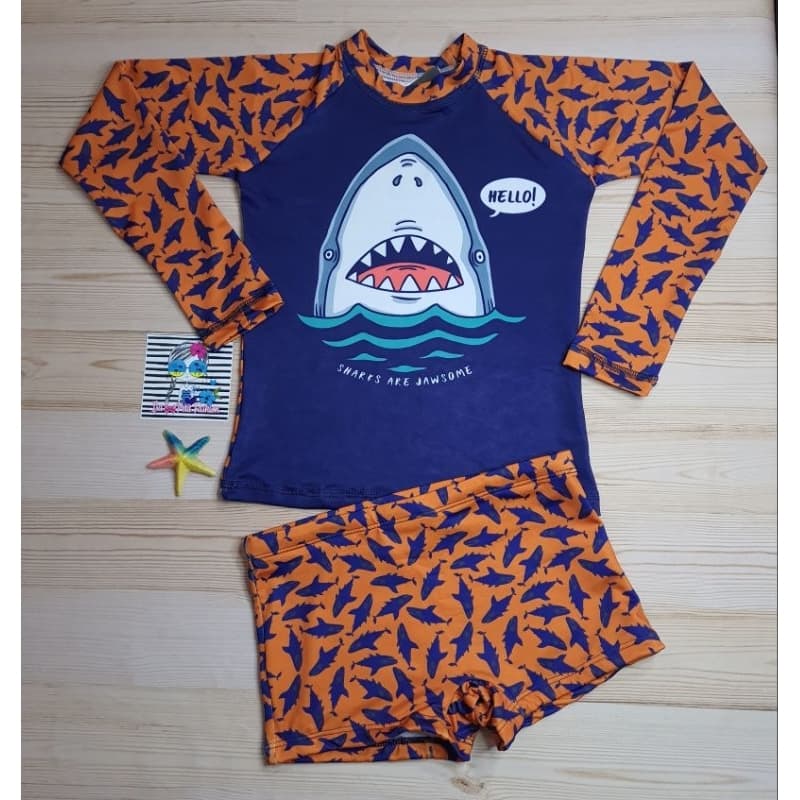 Sunga Infantil com Blusa Proteção Solar UV50+ Juvenil Roupa de Banho Menino Tubarão