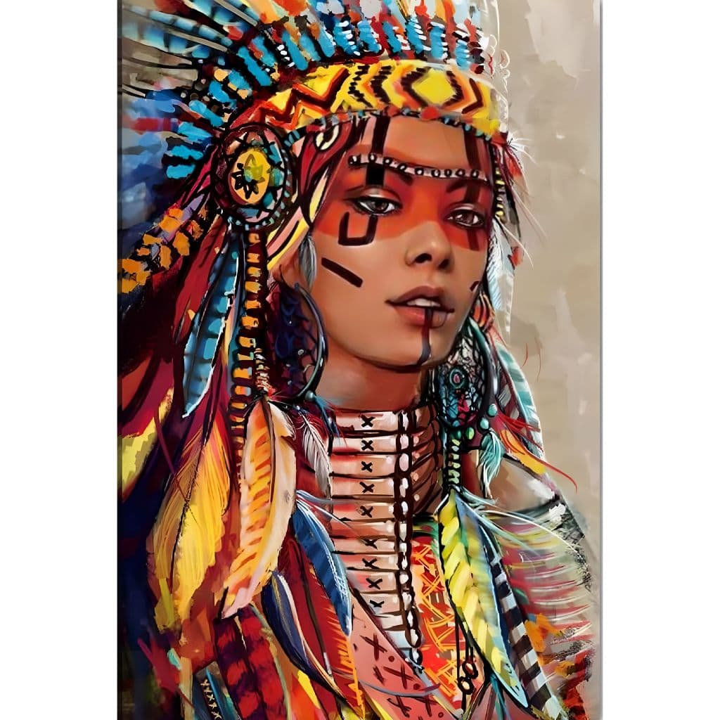 Quadro decorativo 60x40cm  ÍNDIA APACHE AMERICANA Impressão em vinil e MDF Mulher Nativa , fixação na parede sem furar, com fita dupla face, decoração de quarto, sala, escritorio, comércio, colorido, presente