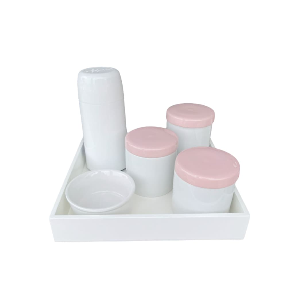 Kit higiene bebê porcelana bandeja mdf branca potes com tampa rosa quarto do bebe cuidados com o nenem