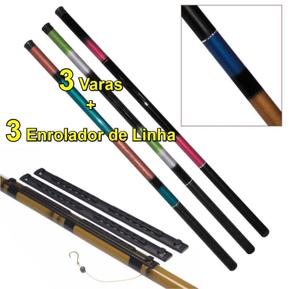 Kit 3 Vara Pesca 2,10m Telescopica + enrolador de linha