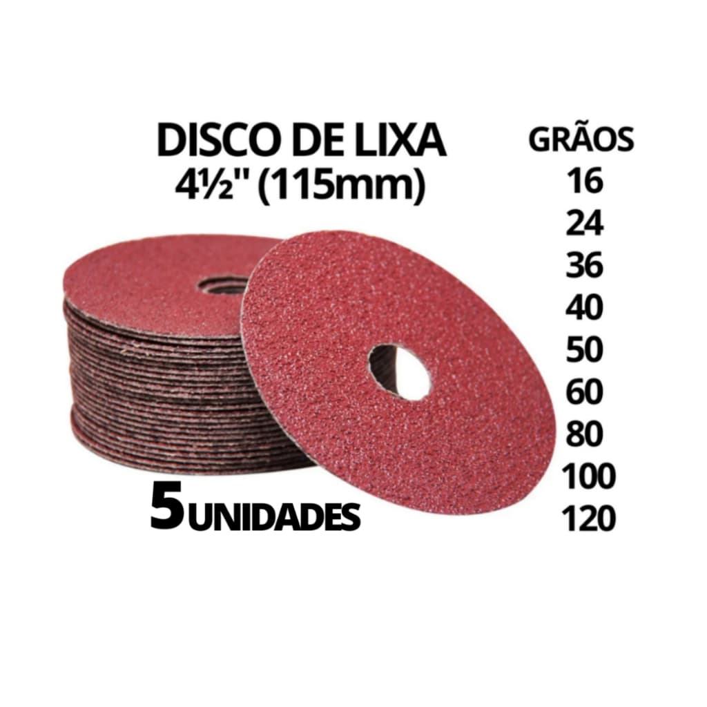 Kit 5 Disco De Lixa 115mm Lixar Ferro Madeira Aço Metal Etc  - Escolha o Seu grão