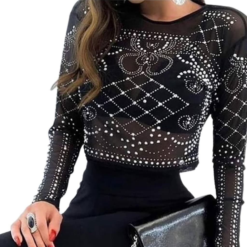Cropped Top Blusa Feminina Tule Pedraria Manga Longa strass