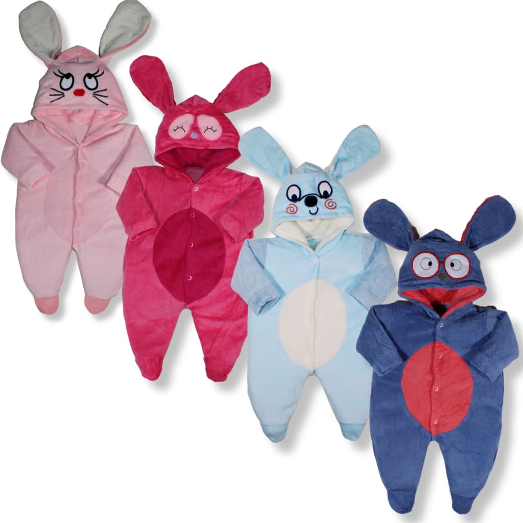 Kit 2 Peças Macacão Bebe Plush Bordado ORELHONA Capuz Menina E Menino