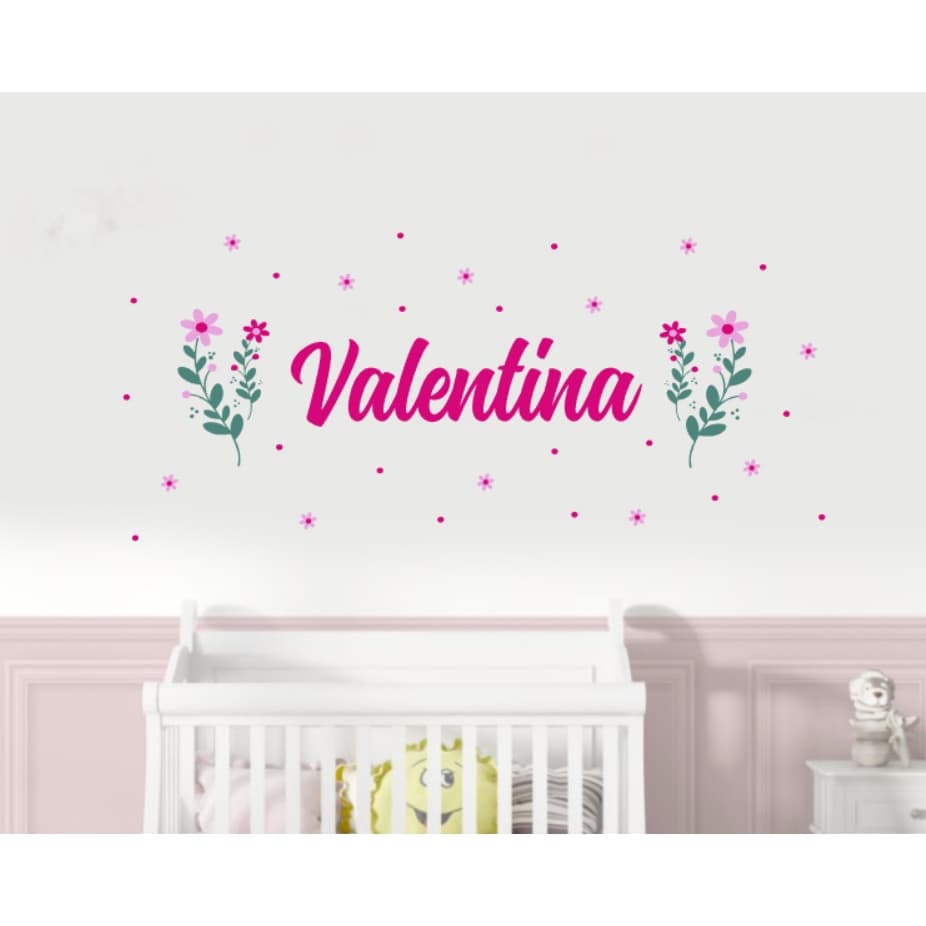Adesivo de parede infantil com nome personalizado galhos flores decoração quarto menina