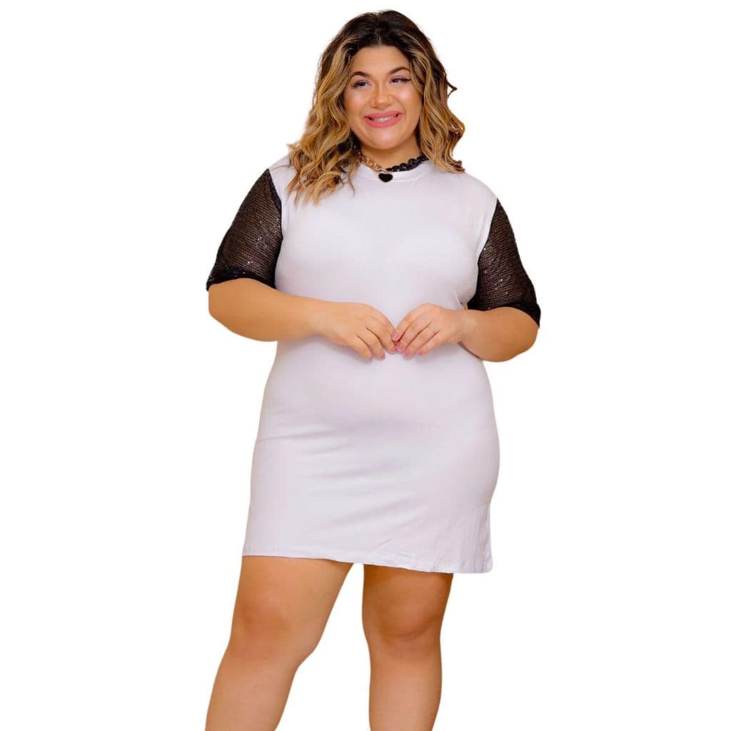 Vestido Branco Manga Curta Brilho Plus Size Gg Xg G1 - Maitê