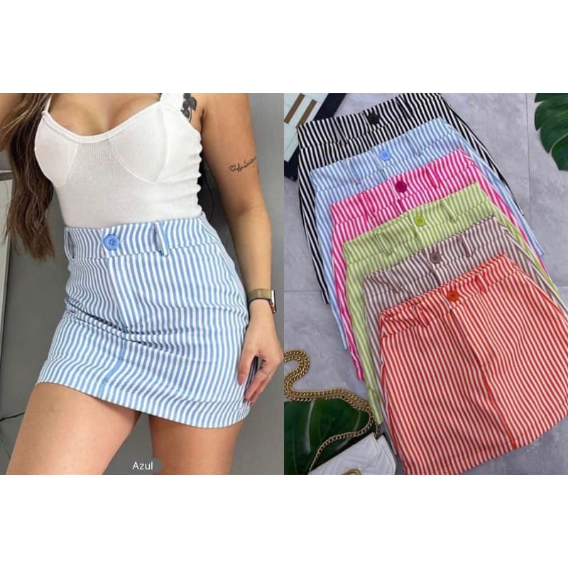 Short Saia Listrado De Botão Mega Promoção