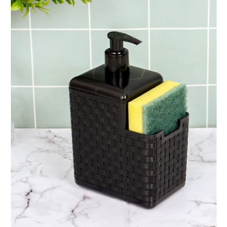 Porta Detergente Com Dispenser e Suporte Para Esponja Bucha 2 Em 1 Preto Plásticos Com Bico Dosador Sabão Sabonete Líquido