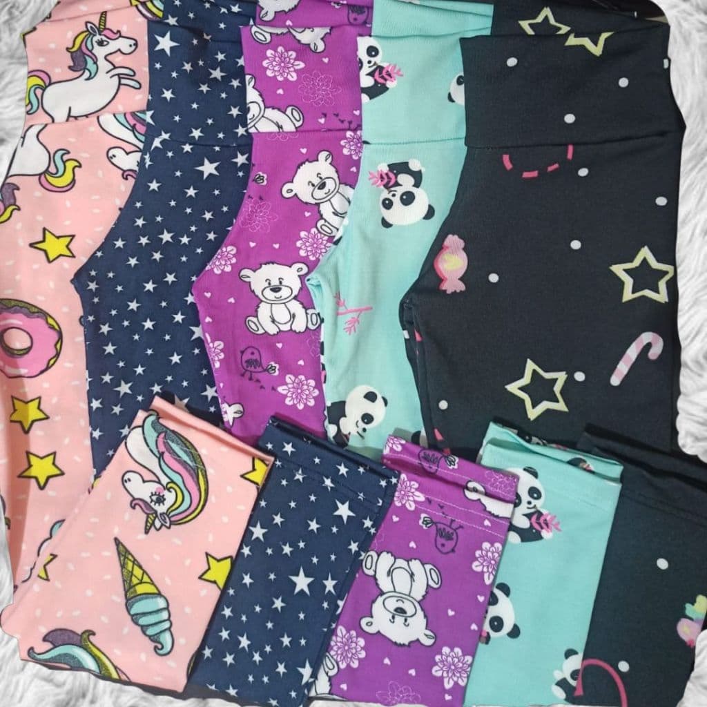 Kit Com 5 Leggings Infantil Suplex Estampas Variadas