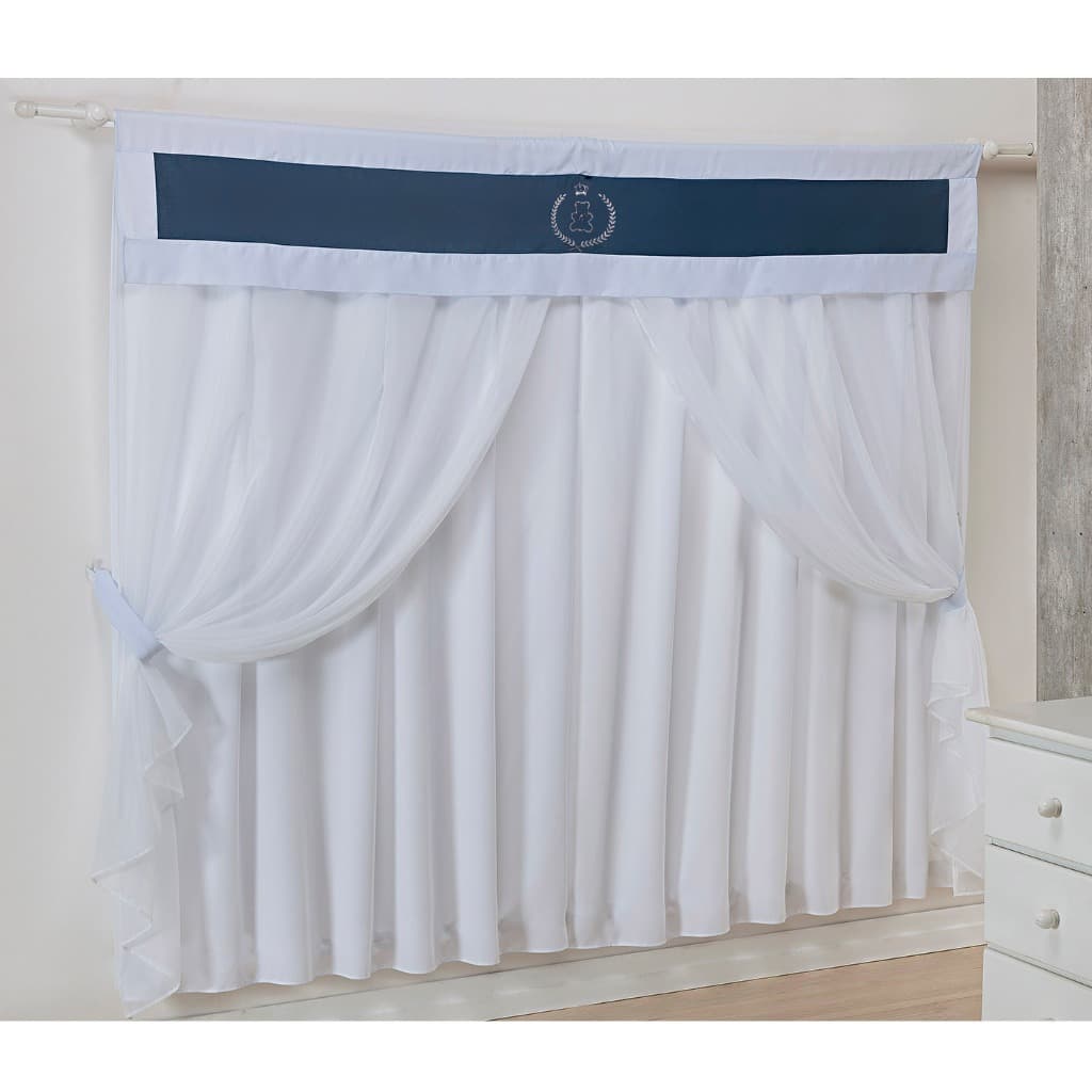 Cortina Com Bandô e Voil Bordada Decorativa Infantil 100% Algodão