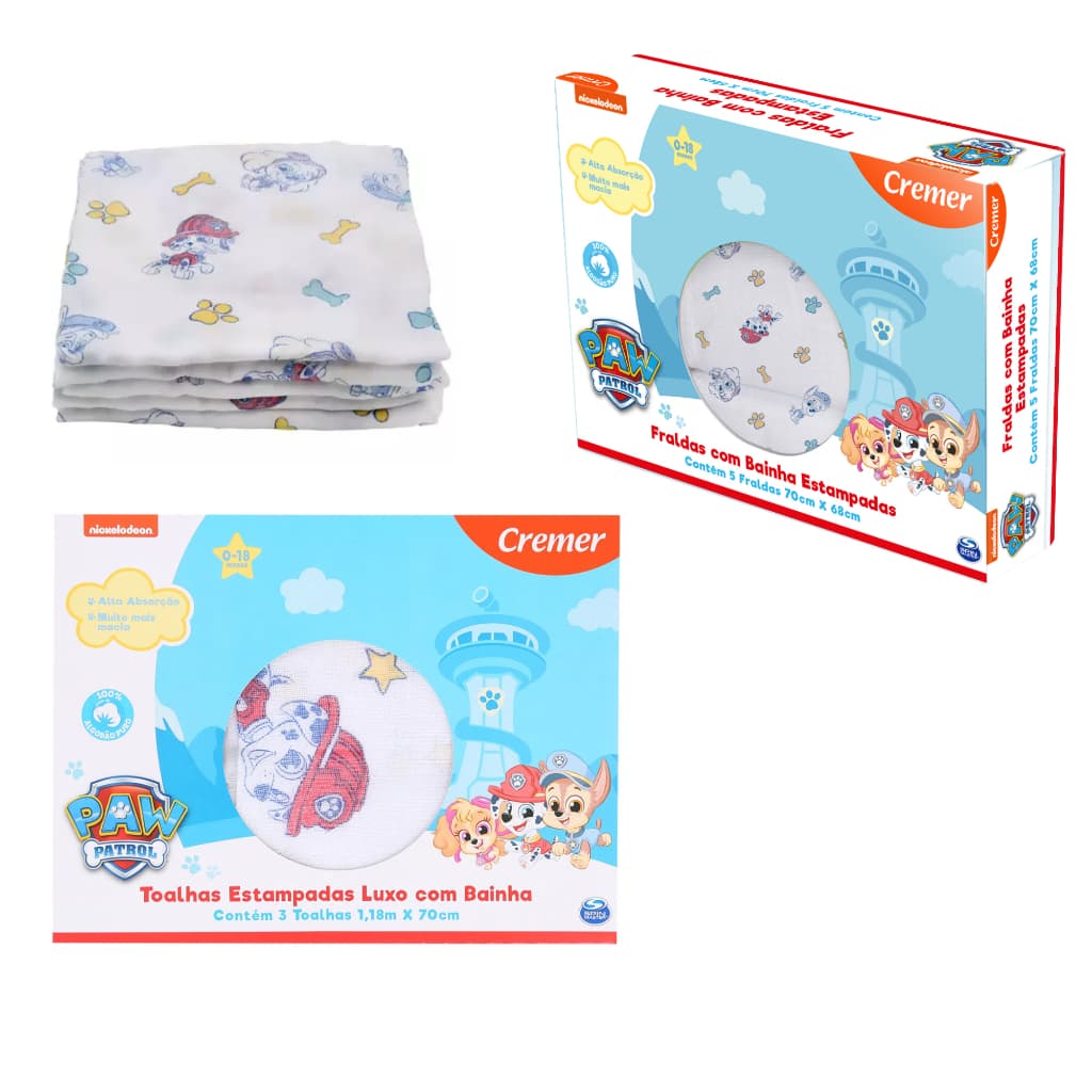 Kit Fralda Patrulha Canina ( 1 Caixa Com 5 Fraldas 70x70cm + 1 Caixa 3 Toalha Fralda 70x120cm)
