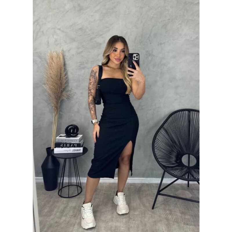 Vestido Midi Tendência# Tubinho Tomara Que Caia com Fenda Lateral