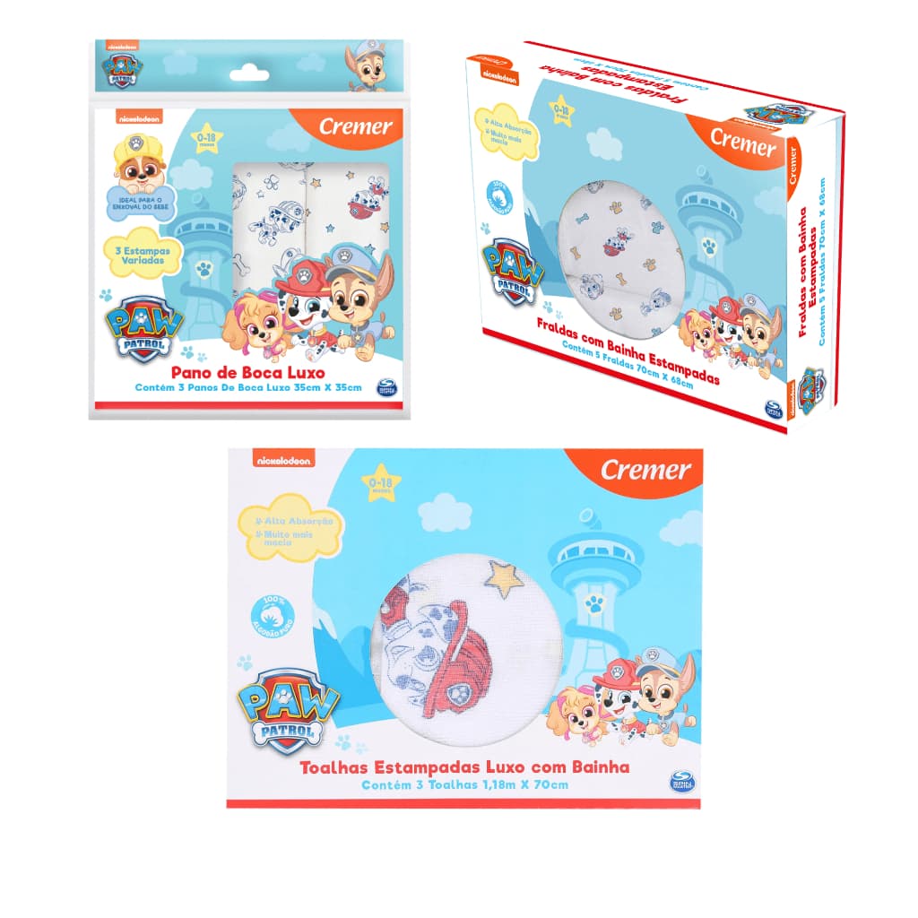 Kit Fraldas Patrulha Canina Cremer ( 5 Fraldas 70x70cm + 3 Toalha Fralda 70x120cm + 3 Panos de Boca)100% Algodão Enxoval