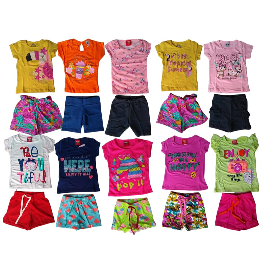 Kit Sortido 10 Peças de Roupas Infantil Menina - 5 Camisetas + 5 Bermudas - Promoção - Kit com 5 Conjuntos de Roupa Infantil Menina