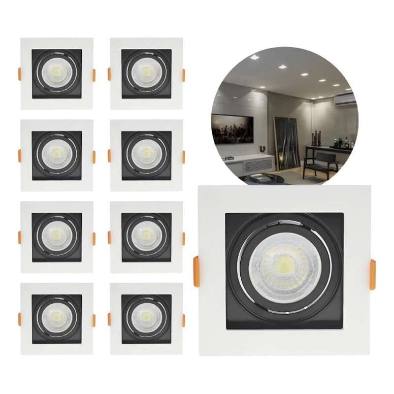 Kit 10 Spot De Embutir Recuado Completo Com Lampada Led Dicroica MR16 Led 36°Soquete Gu10 Spot 360°