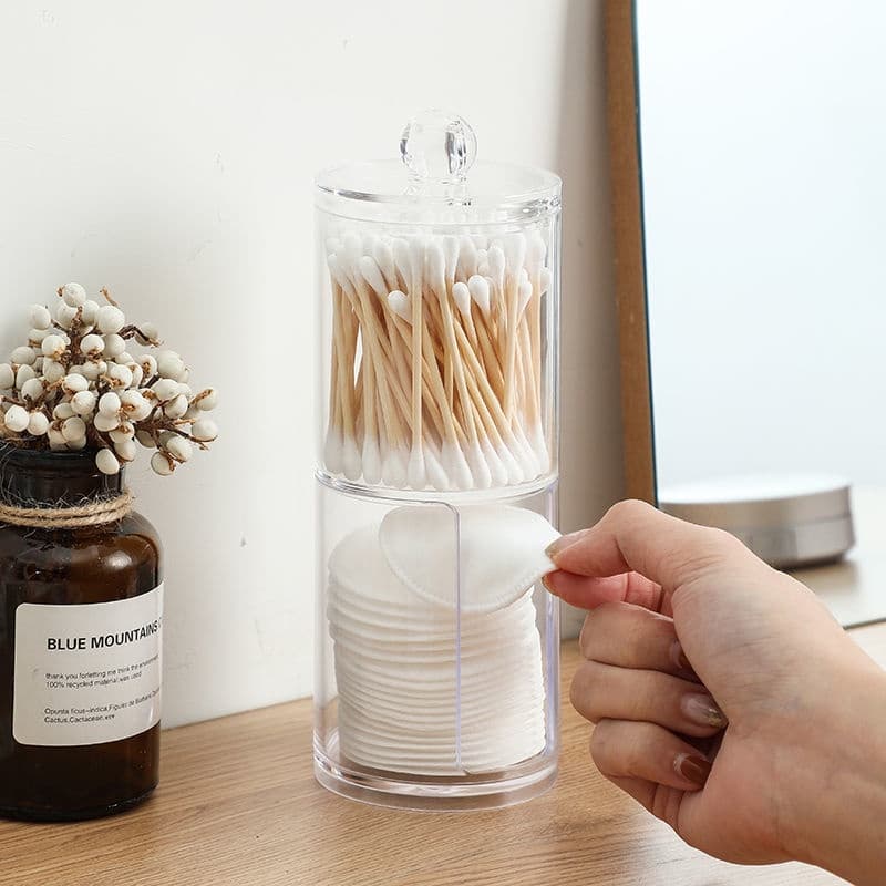 Organizador Porta Cotonete e Algodão Duplo 2 Em 1 de Acrílico Com Tampa Transparente Cosméticos Maquiagem
