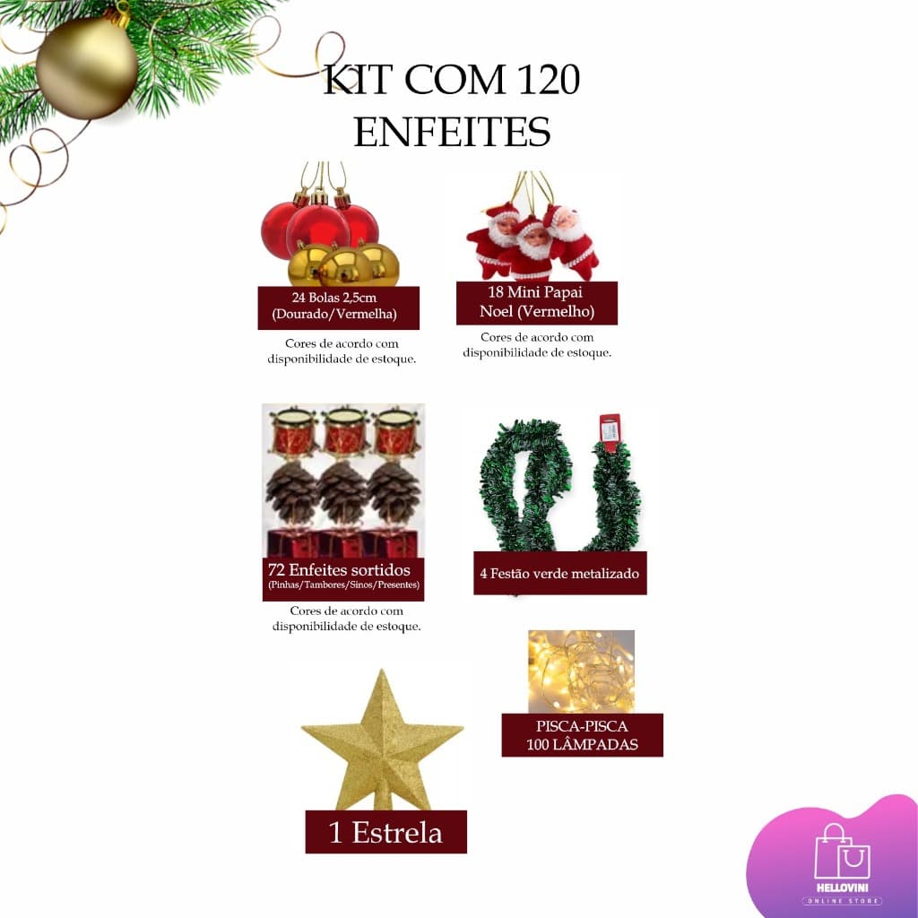 Kit 120 Enfeites Natalinos Decoração Para Árvore de Natal Bolinhas Presentes Pinha Festão Pisca Pisca Estrela
