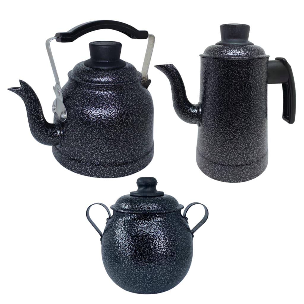 Kit Chaleira Bule e Açucareiro Estilo Colonial Alumínio Cor Preto Craqueado